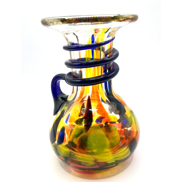 Hand Blown Bohemian Spatter Yellow Orange Glass Applied Cobalt Swirl Blue Handle - Picture 1 of 9
